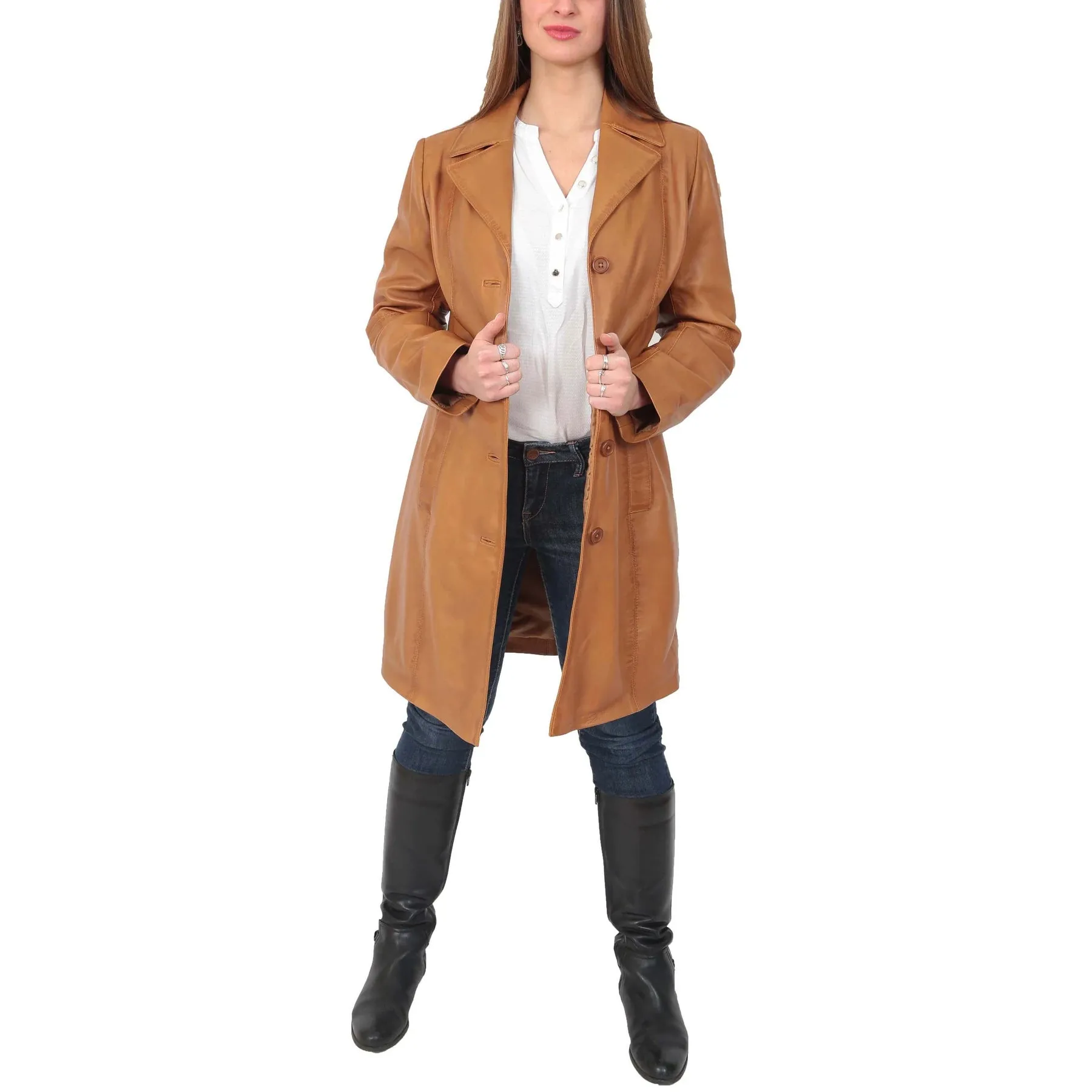 Women's 3/4 Length  Button Fasten Leather Coat